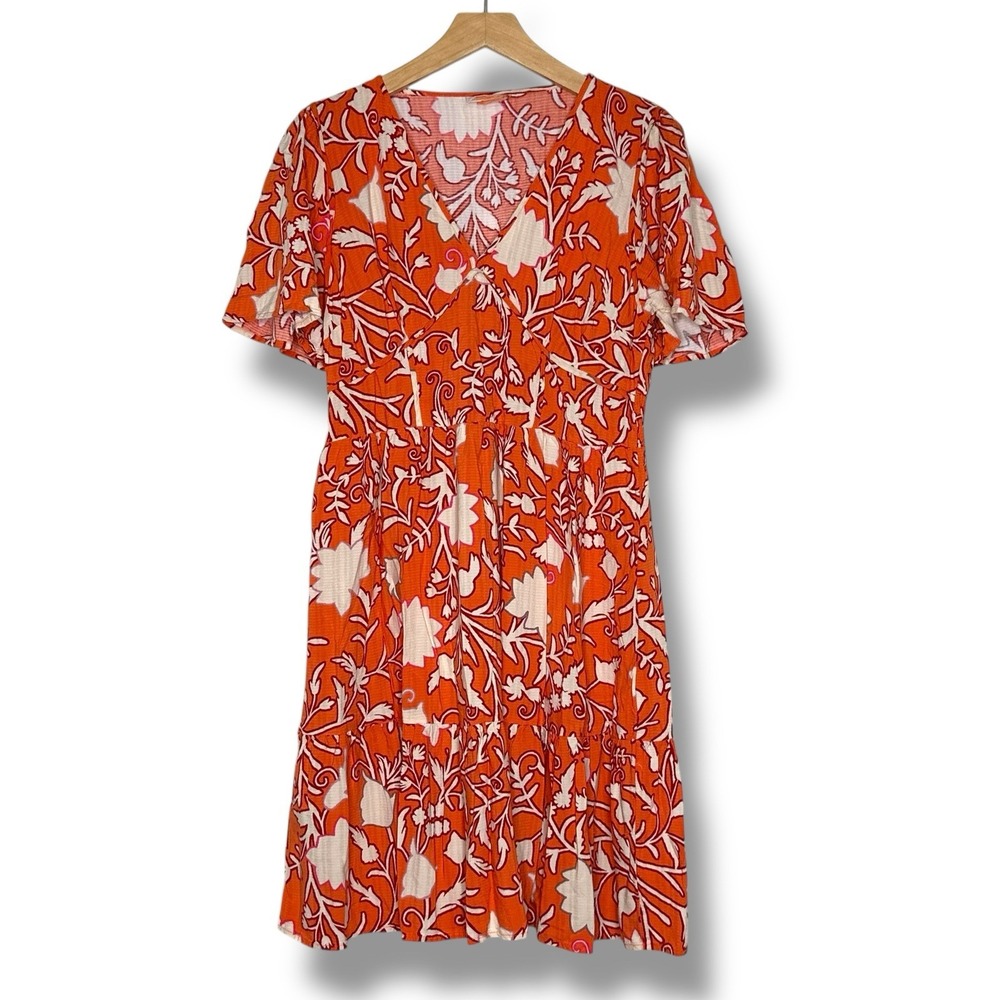 Knox Rose Orange Tiered Dress‎ Size M Tiered Short Sleeve Floral Smocked Back